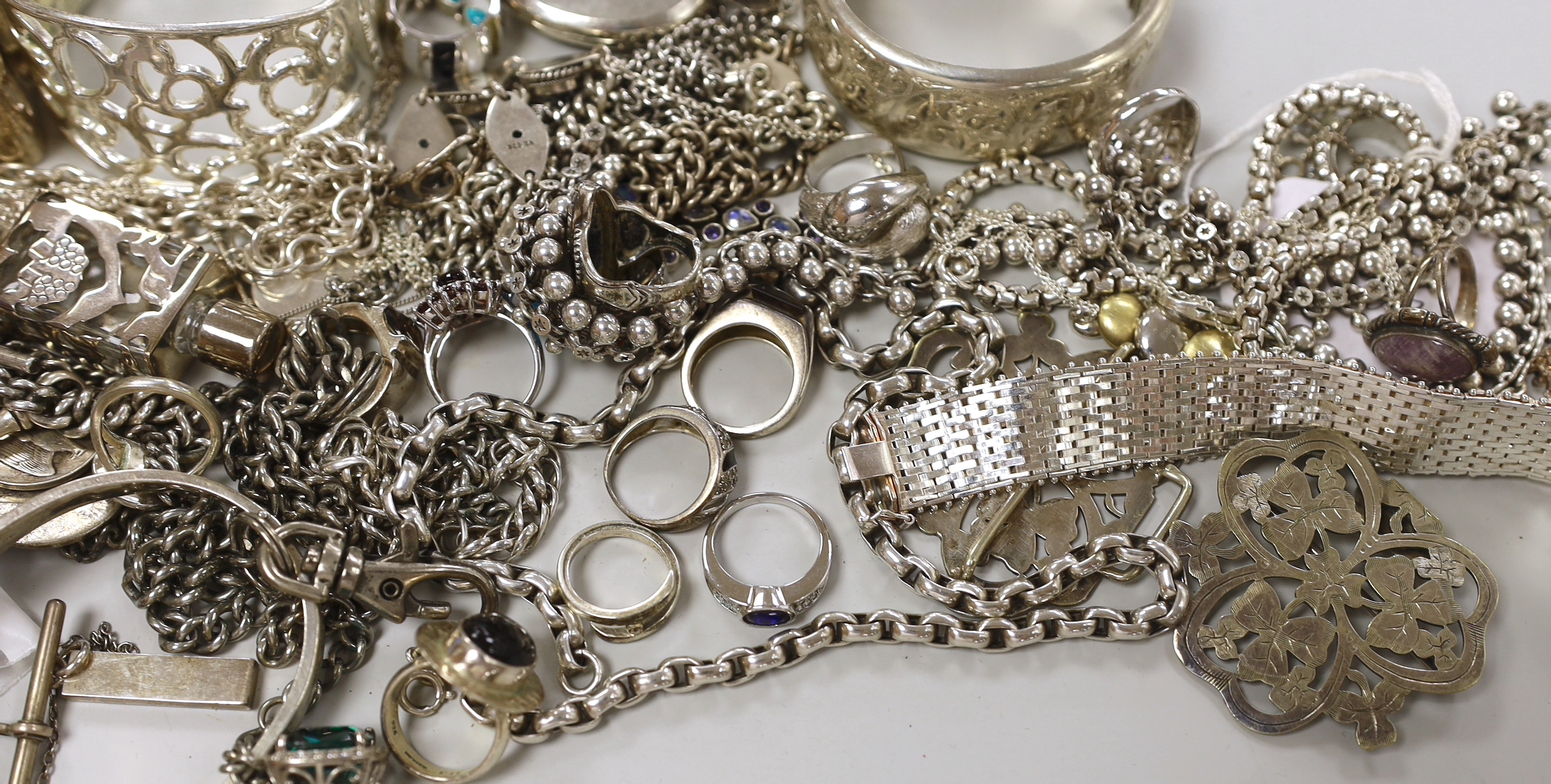A mixed group of assorted silver and other jewellery, including albert, chains, bracelets, silver mounted ring box, etc.